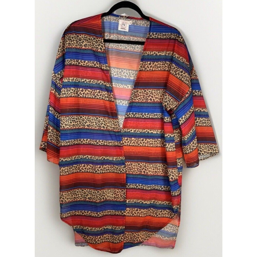 Grace & Emma Kimono M/L Animal Print Striped Chiffon Boho Open Summer Cardigan‎